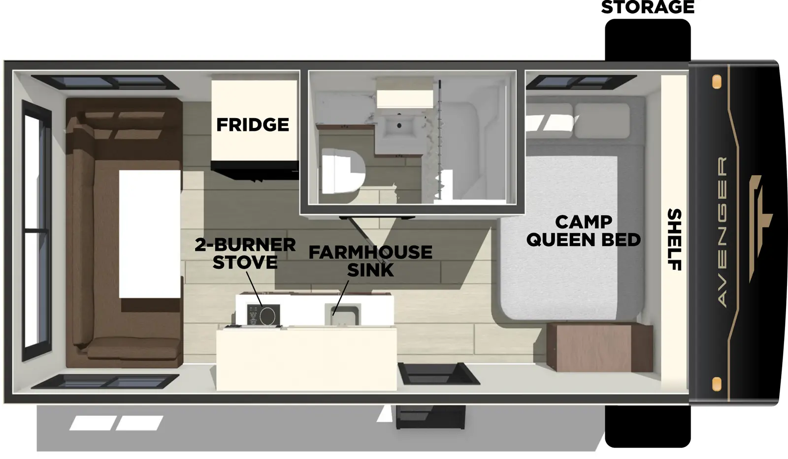 The Avenger 16RD floorplan has one entry and zero slide outs. Exterior features include: metal exterior and 10' awning. Interiors features include: u-dinette and front bedroom.